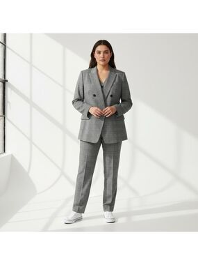 LOFT 2 piece suit set Plaid boyfriend double breasted blazer & pants Grey